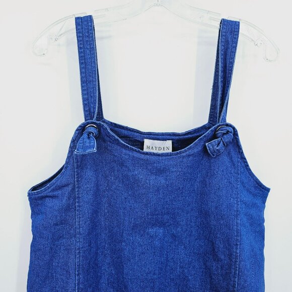 Hayden Los Angeles Dress M Blue Jean Denim Overall Knot Cotton Fringe Hem Boho - Picture 4 of 10